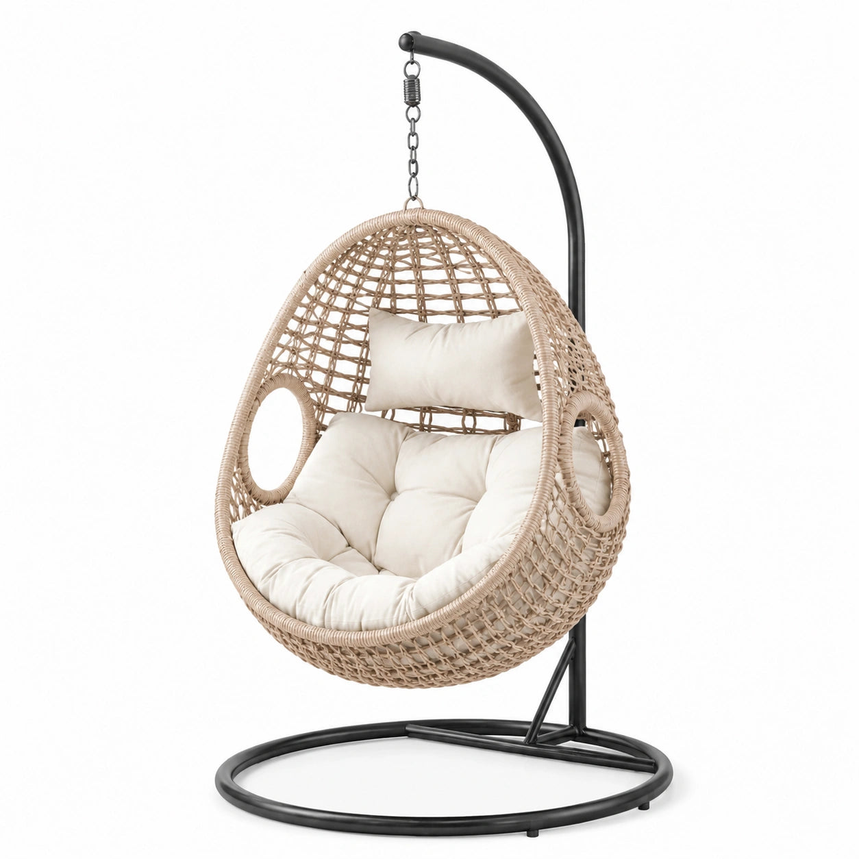 Sedia sospesa in rattan con cuscino in poliestere beige