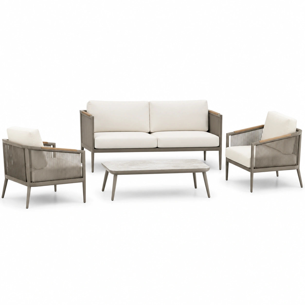 Set da salotto da esterno in alluminio e corda con cuscini beige