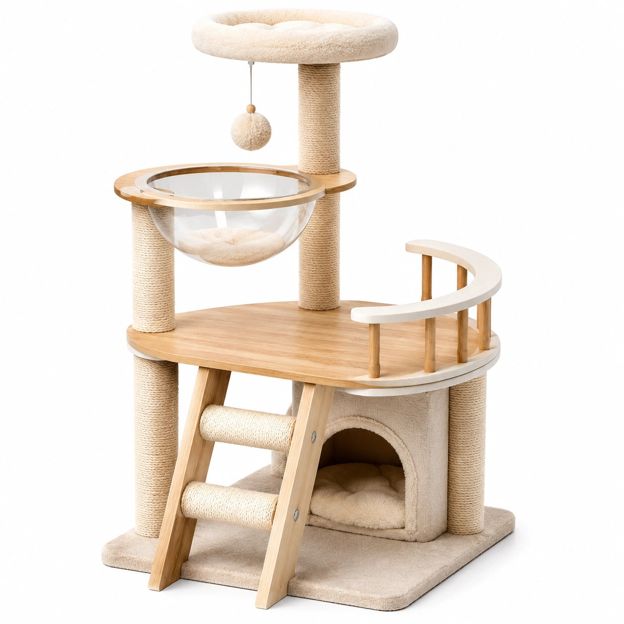 Albero tiragraffi per gatti in legno e sisal con cuccia e scala