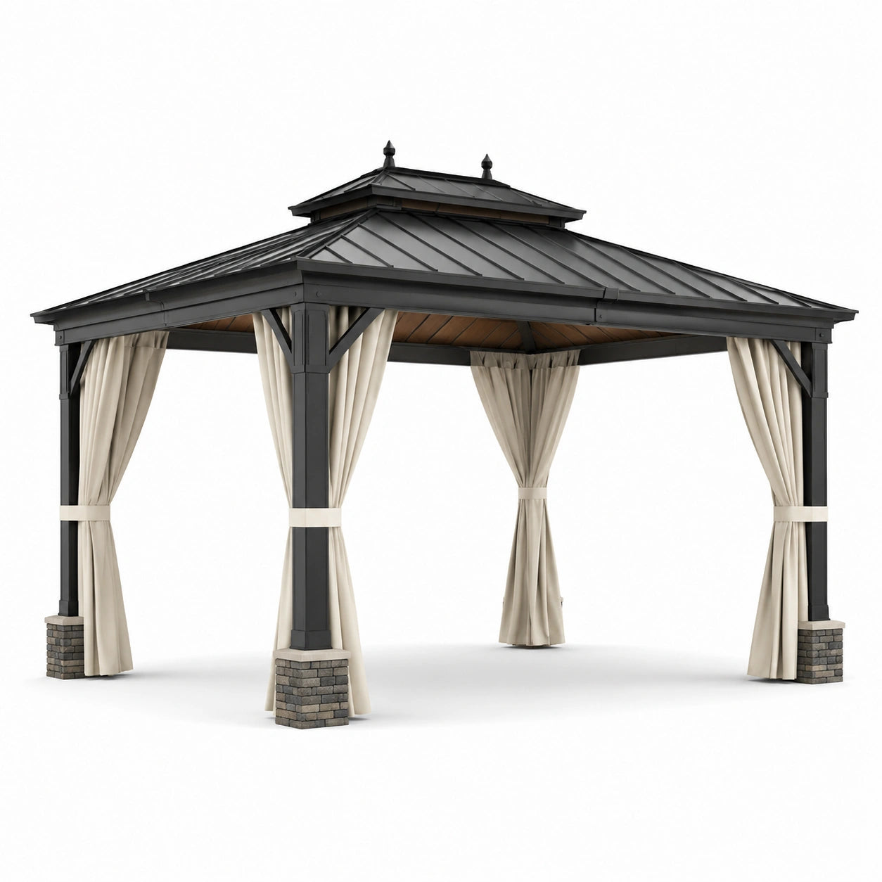 Gazebo da Giardino in Alluminio e Acciaio con Tende in Poliestere, Grigio e Naturale