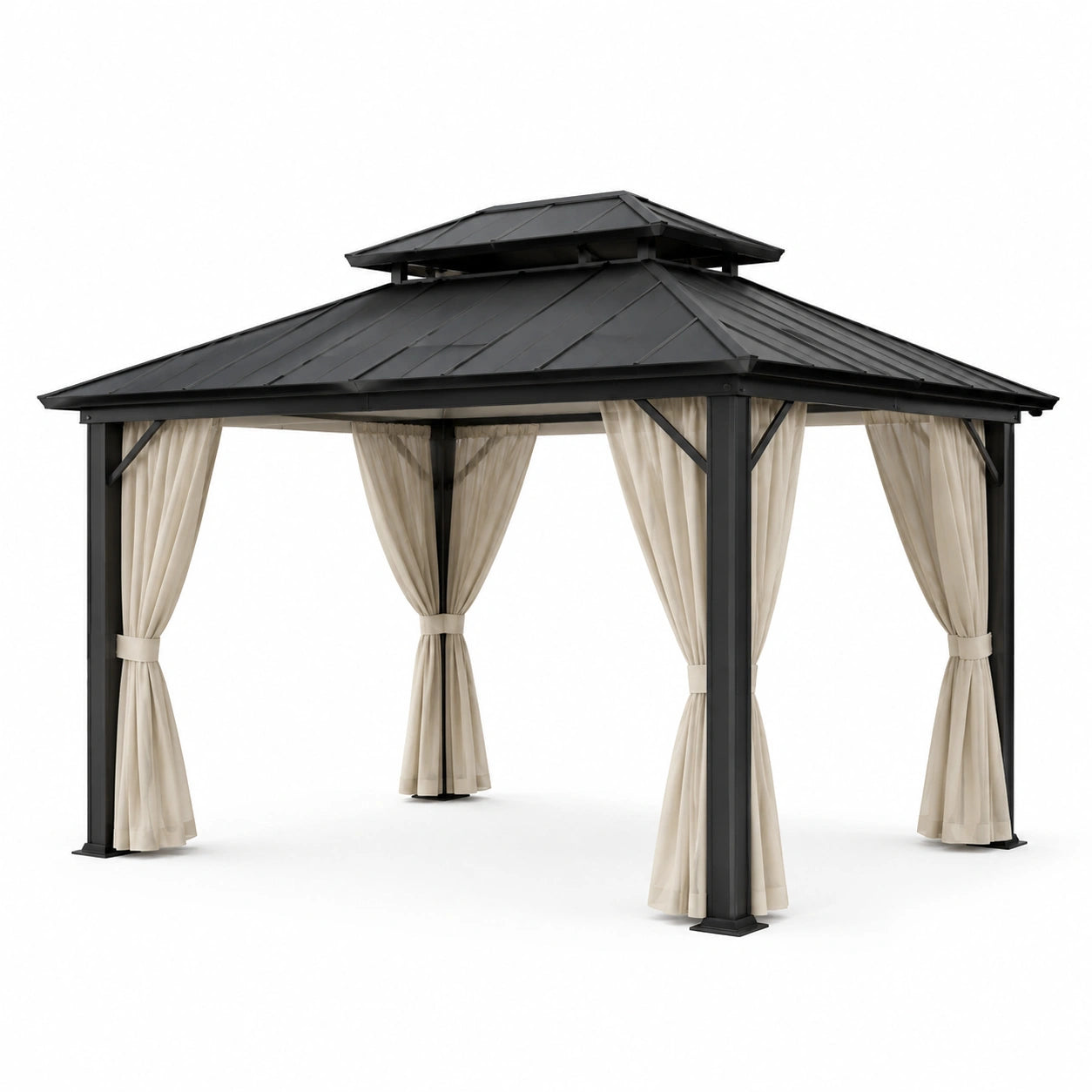 Gazebo in Alluminio Nero con Tetto in Acciaio e Tende in Poliestere Beige 3x4 m
