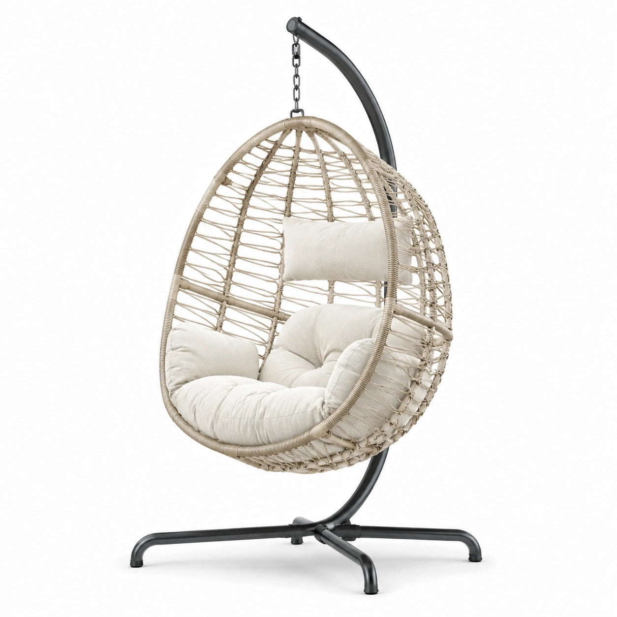Poltrona Sospesa Ovale con Cuscini in Poliestere e Struttura in Metallo, Beige