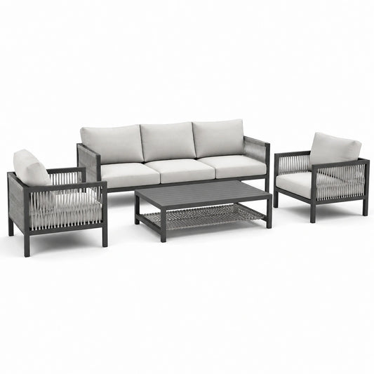 Set salotto da esterno in alluminio con cuscini grigi