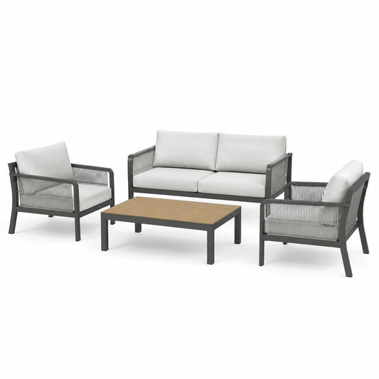 Set da giardino in alluminio con divano, poltrone e tavolino grigio e bianco