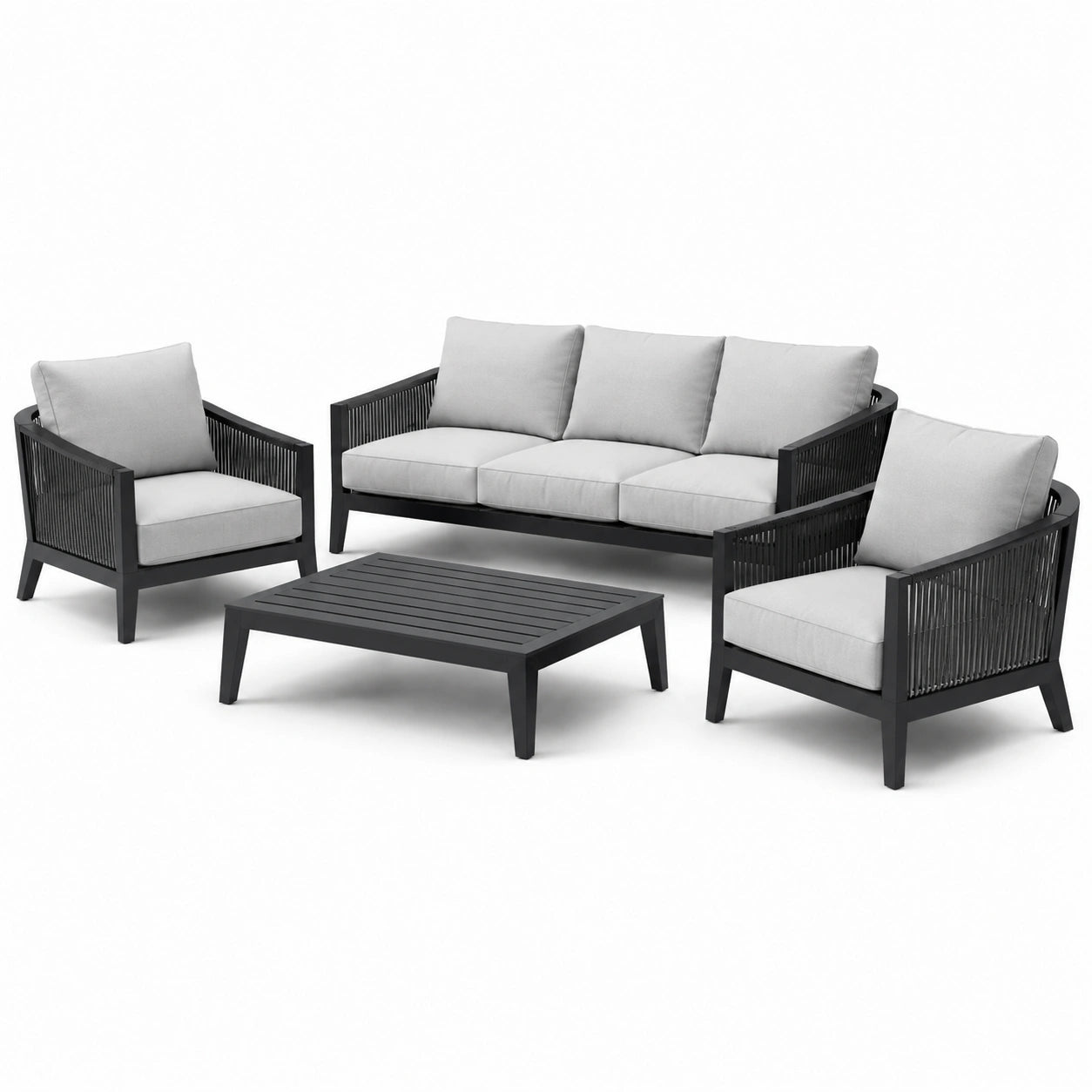 Set da salotto in alluminio nero con cuscini grigi