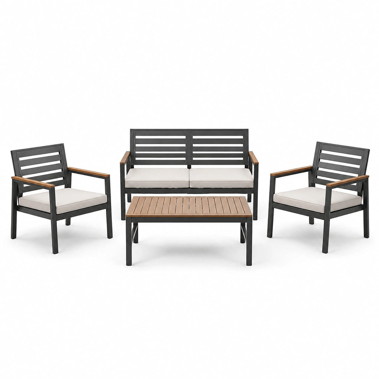 Set salotto 4 pezzi in alluminio e legno
