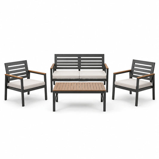 Set salotto 4 pezzi in alluminio e legno