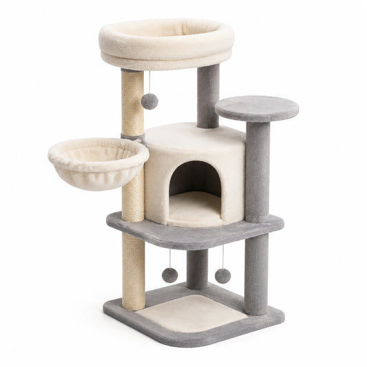 Albero tiragraffi per gatti in poliestere e sisal beige e grigio