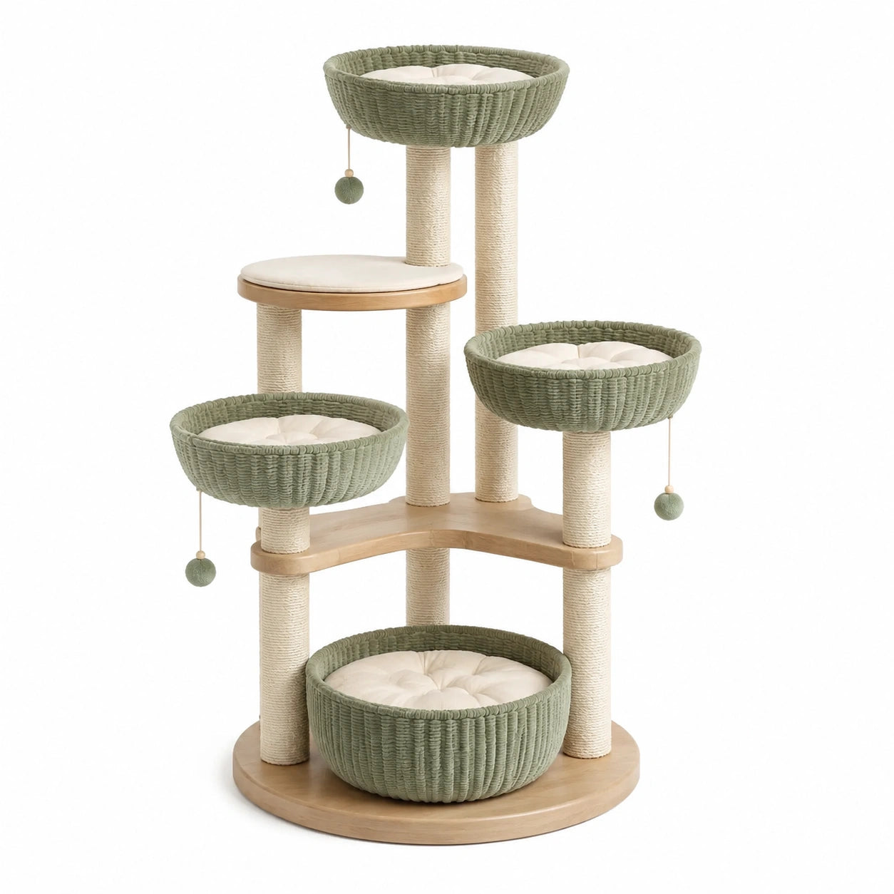 Tiragraffi per Gatti in Legno e Sisal con Nicchie in Rattan Verde e Cuscini