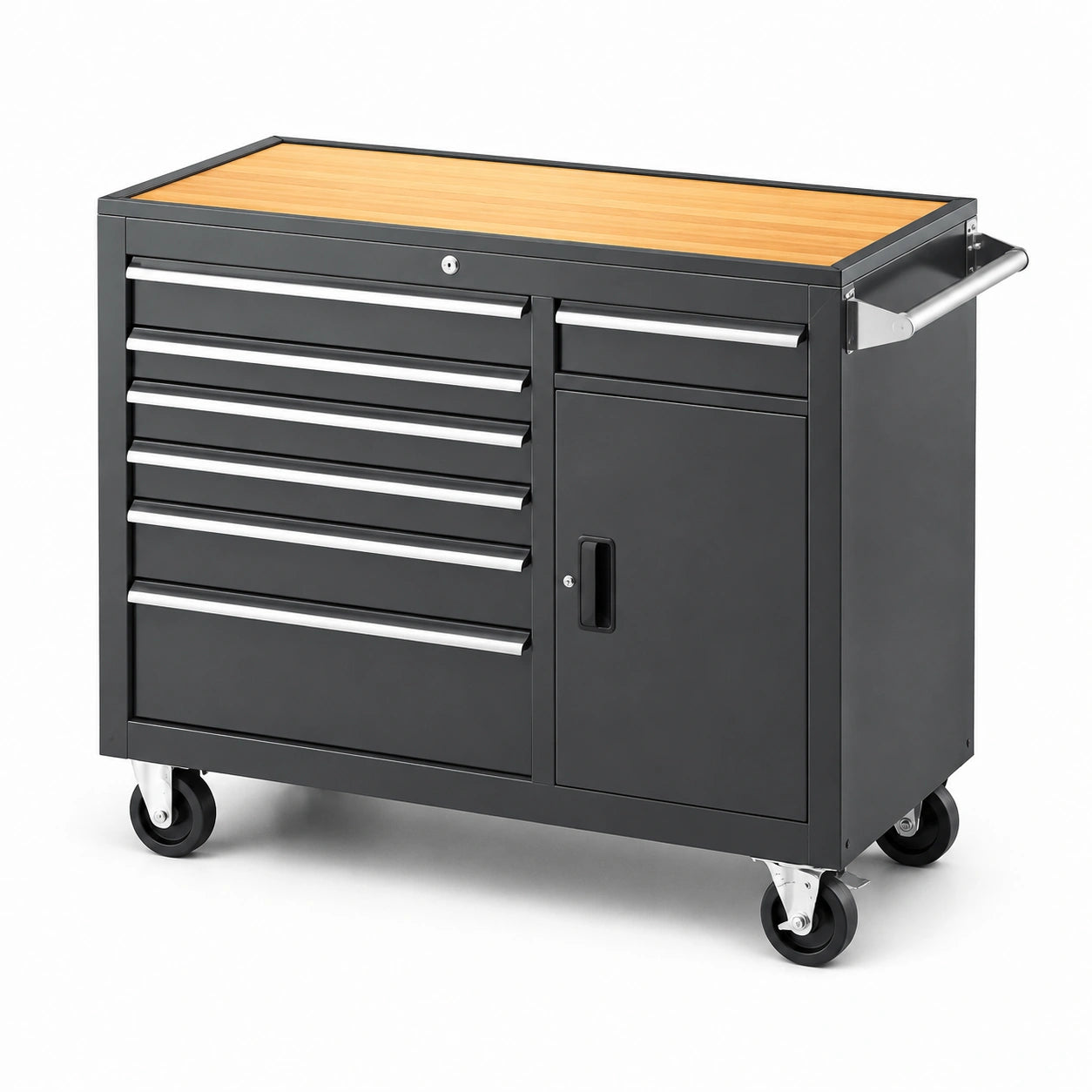 Carrello portautensili in metallo nero con piano in legno