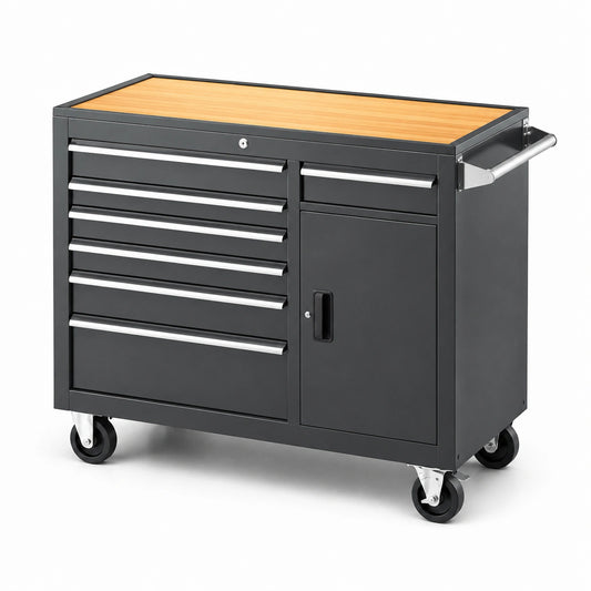 Carrello portautensili in metallo nero con piano in legno