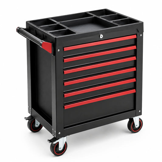 Carrello portautensili in acciaio con 7 cassetti nero e rosso