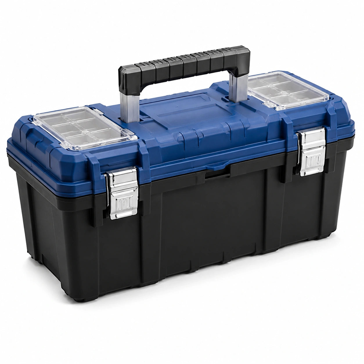 Cassetta degli attrezzi in plastica blu/nero con scomparti trasparenti