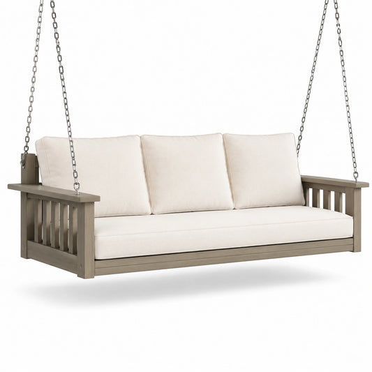 Dondolo da veranda in legno con cuscini in tessuto beige