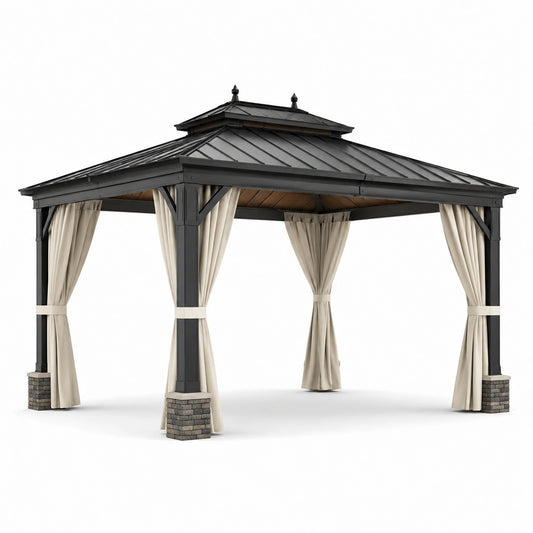 Gazebo da Giardino in Alluminio e Acciaio con Tende in Poliestere, Grigio e Naturale