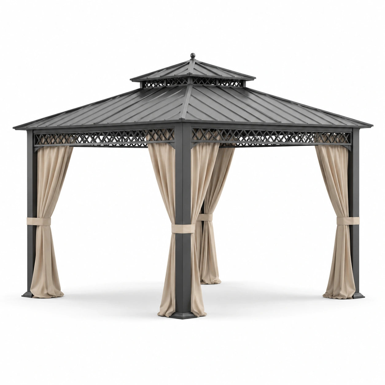 Gazebo in Alluminio con Tettoia a Due Livelli e Tende in Tessuto Poliestere 350x350 cm