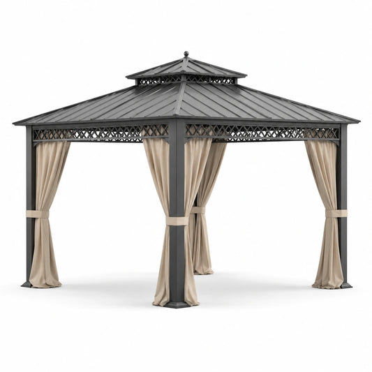 Gazebo in Alluminio con Tettoia a Due Livelli e Tende in Tessuto Poliestere 350x350 cm